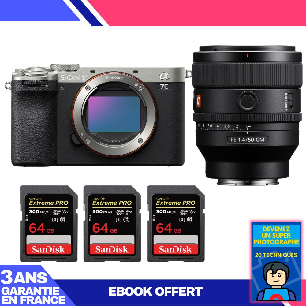 Sony A7C II Silver Camera Kit with FE 50mm f/1.4 GM Lens + Sandisk SD Cards