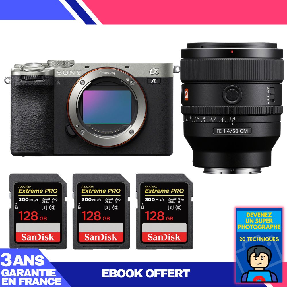 Sony A7C II Silver Camera Kit with FE 50mm f/1.4 GM Lens + SanDisk 128GB Cards (3) + Ebook