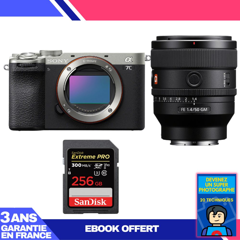 Sony A7C II Silver Camera Kit with FE 50mm f/1.4 GM Lens + SanDisk 256GB Extreme PRO SD Card + 'Become a Super Photographer' Ebook