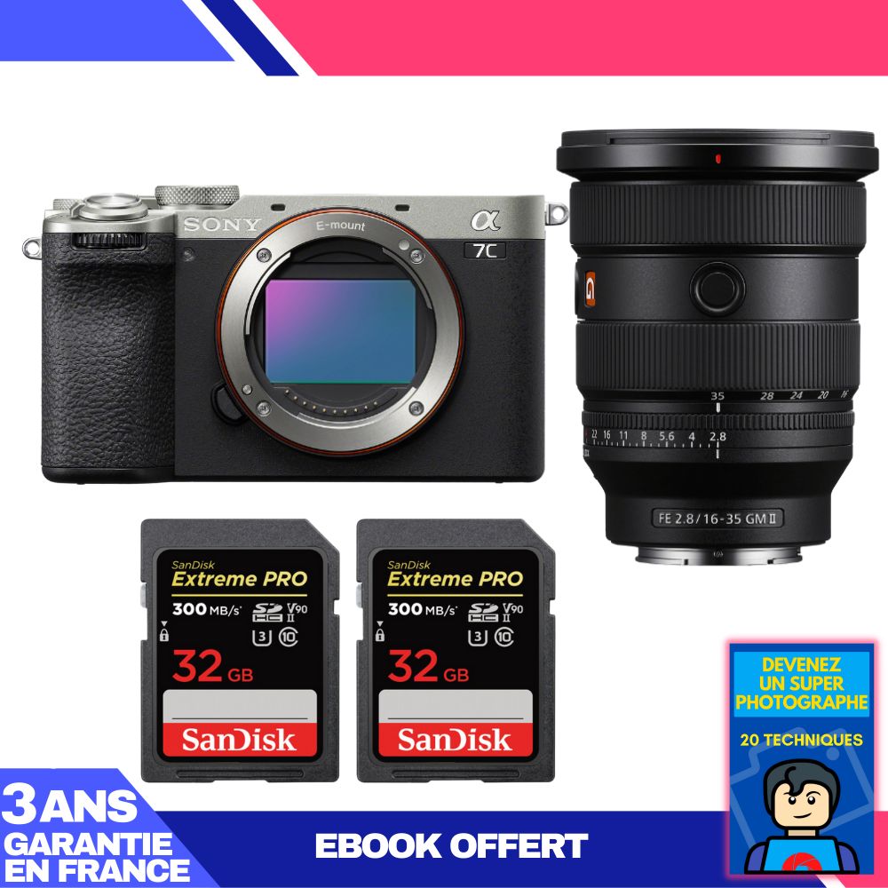Sony A7C II Silver Kit with FE 16-35mm f/2.8 GM II and SanDisk SD Cards