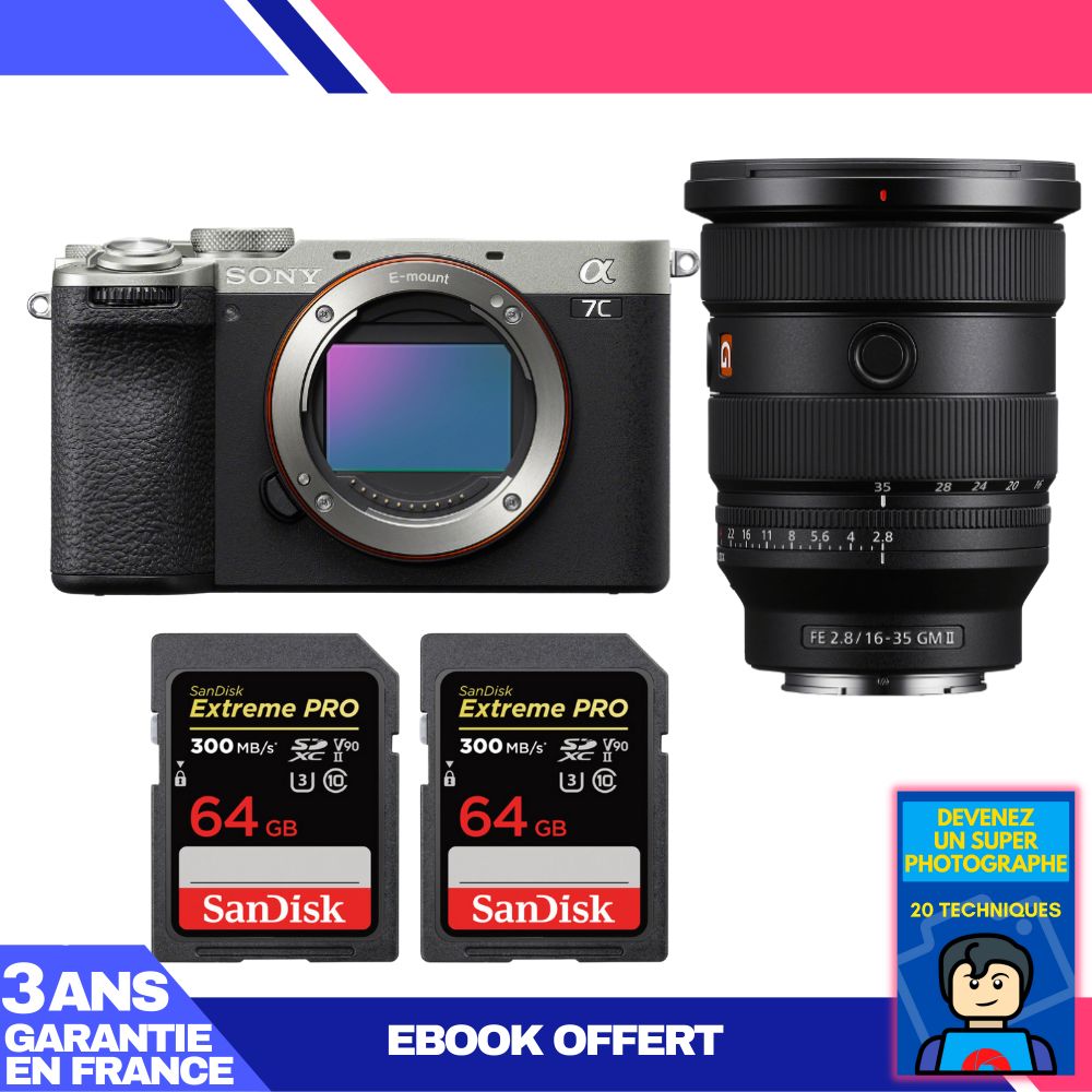 Sony A7C II Silver Kit with FE 16-35mm f/2.8 GM II and 2x 64GB SanDisk Extreme PRO SDXC Cards