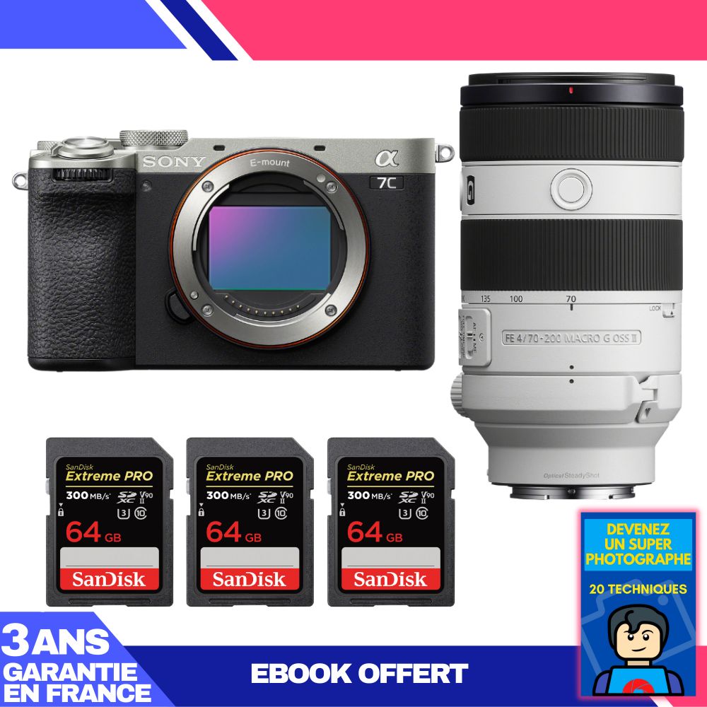 Sony A7C II Silver Kit with FE 70-200mm f/4 Macro G OSS II Lens + 3x 64GB SanDisk Extreme PRO UHS-II SDXC Cards
