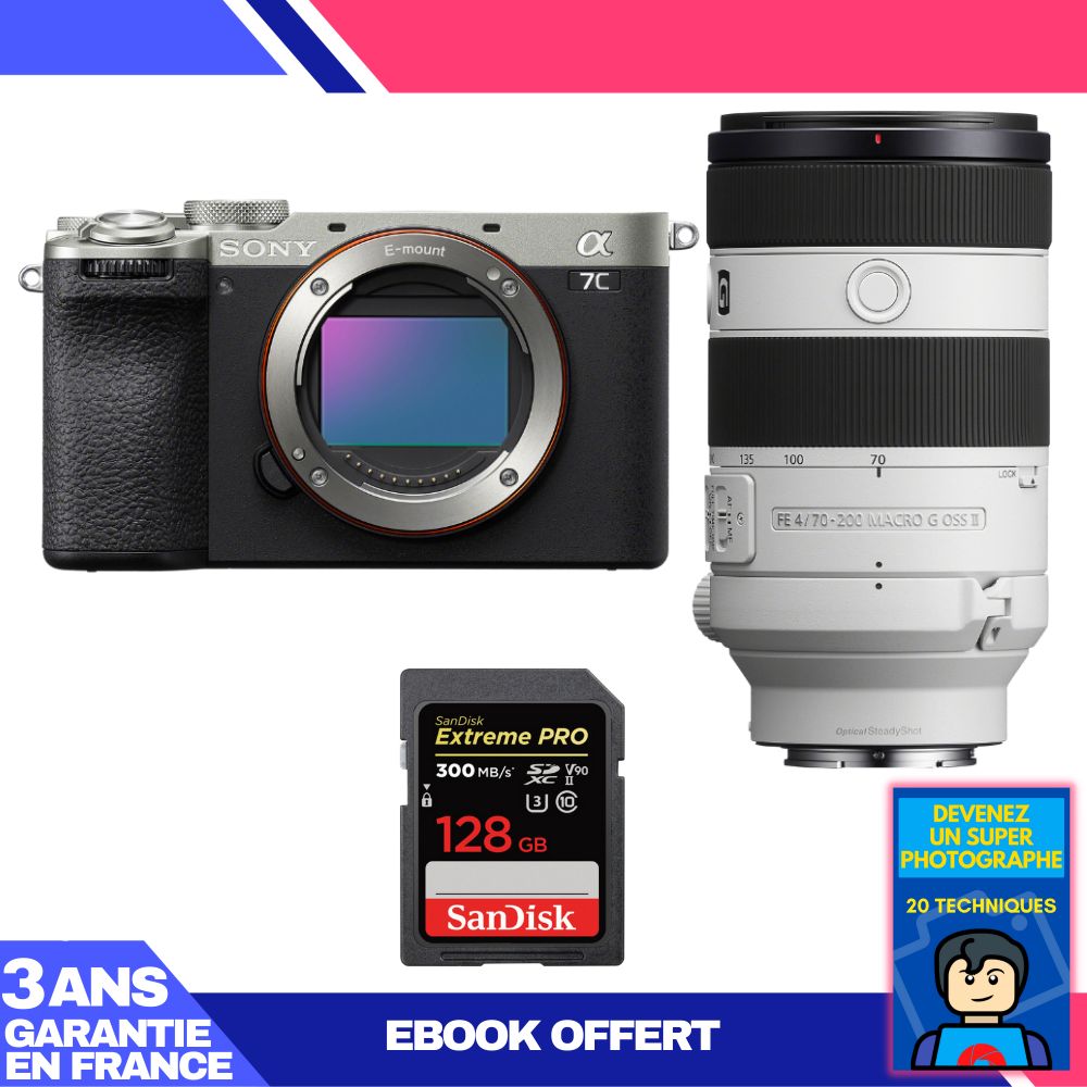 Sony A7C II Silver Camera Kit with FE 70-200mm f/4 Macro G OSS II Lens + SanDisk 128GB Extreme PRO SD Card