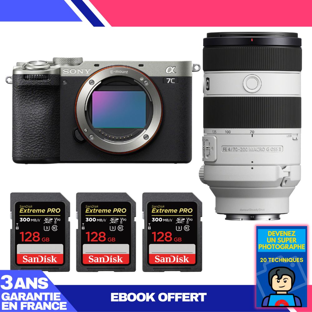 Sony A7C II Silver Kit with FE 70-200mm f/4 Macro G OSS II Lens + 3x 128GB SanDisk Extreme PRO UHS-II SDXC Cards