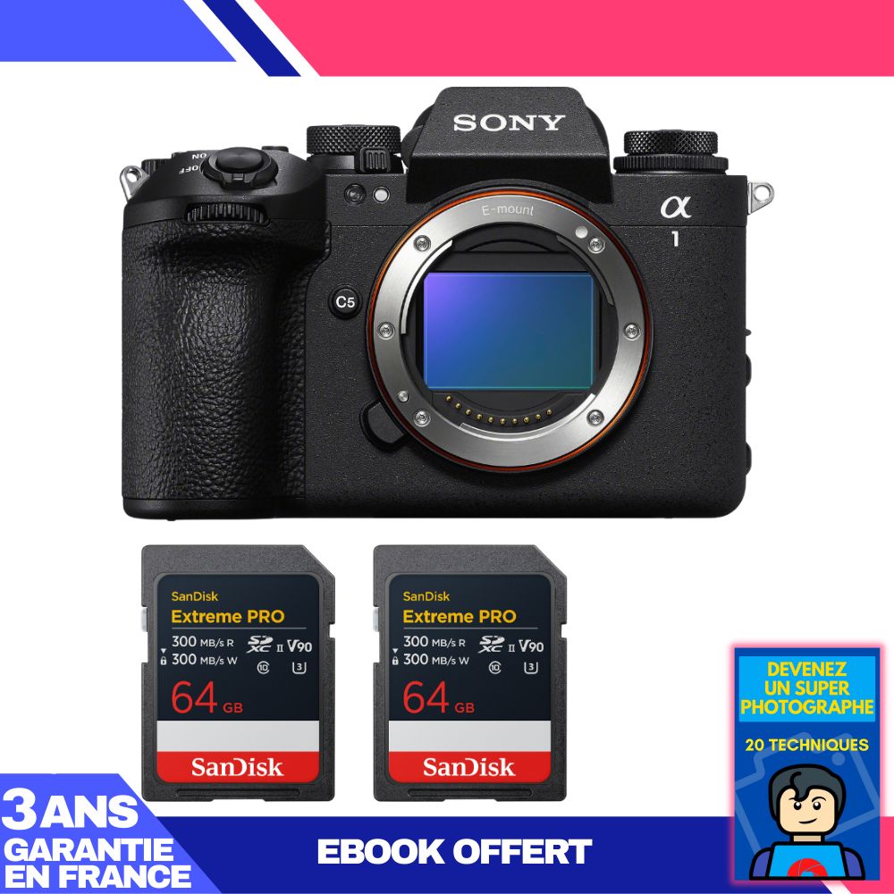 Sony Alpha 1 II Camera Body + 2 SanDisk 64GB Extreme PRO UHS-II SDXC Memory Cards + Ebook: Become a Super Photographer
