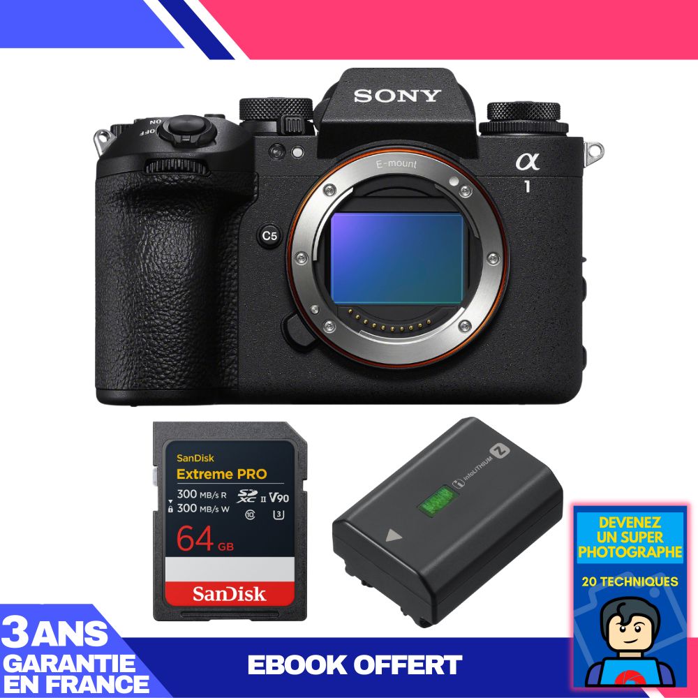 Sony Alpha 1 II Camera Body + 1 SanDisk 64GB Extreme PRO UHS-II SDXC + Sony NP-FZ100 Battery + 'Become a Super Photographer' Ebook