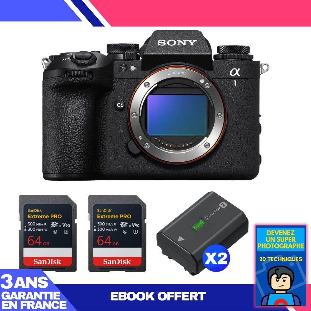 Sony Alpha 1 II Camera Body + 2 SanDisk 64GB Extreme PRO UHS-II SDXC Cards + 2 Sony NP-FZ100 Batteries + Ebook 'Become a Super Photographer'