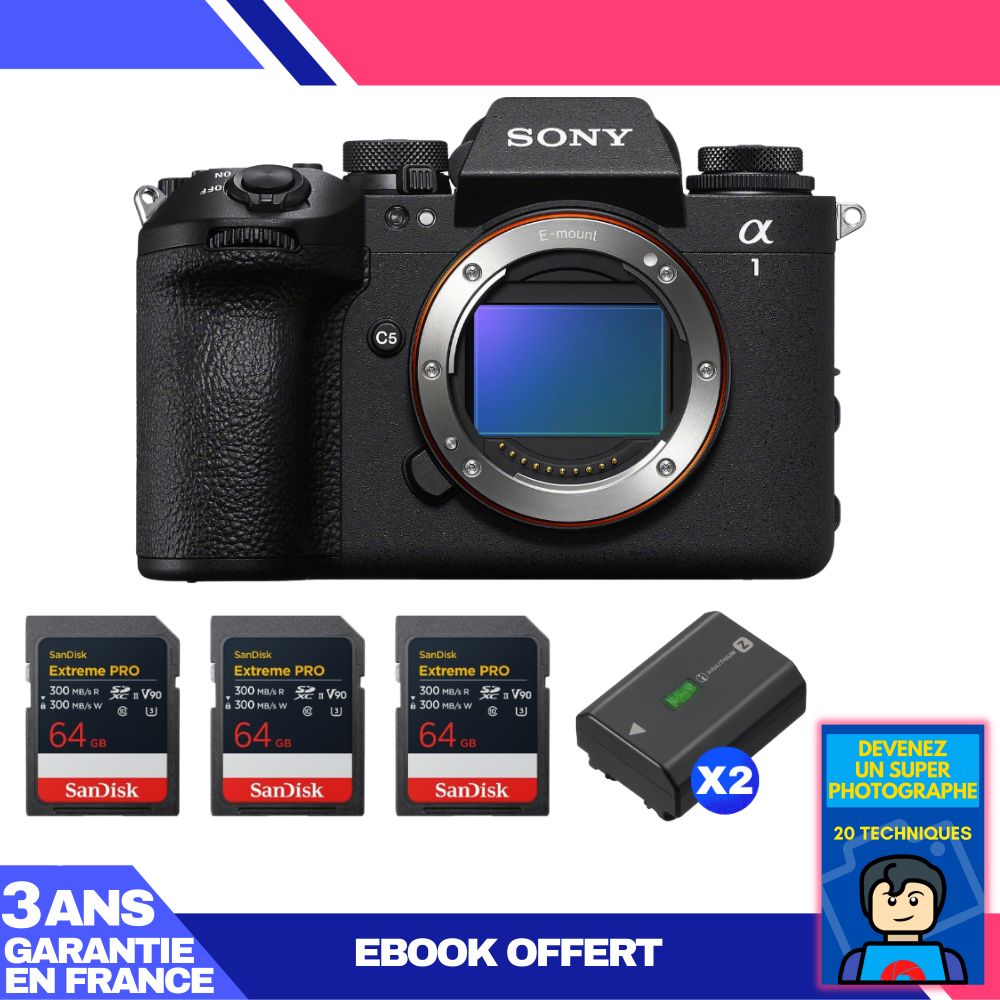 Sony Alpha 1 II Camera Body + 3 SanDisk 64GB Extreme PRO UHS-II SDXC Cards + 2 Sony NP-FZ100 Batteries + Ebook 'Become a Super Photographer'