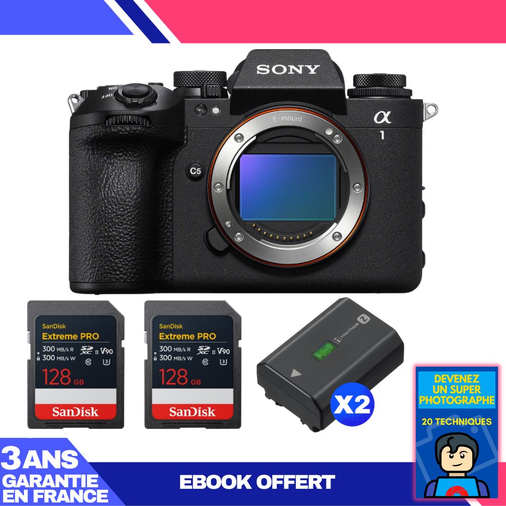 Sony Alpha 1 II Camera Body + 2 SanDisk 128GB Extreme PRO UHS-II SDXC Cards + 2 Sony NP-FZ100 Batteries + 'Become a Super Photographer' Ebook