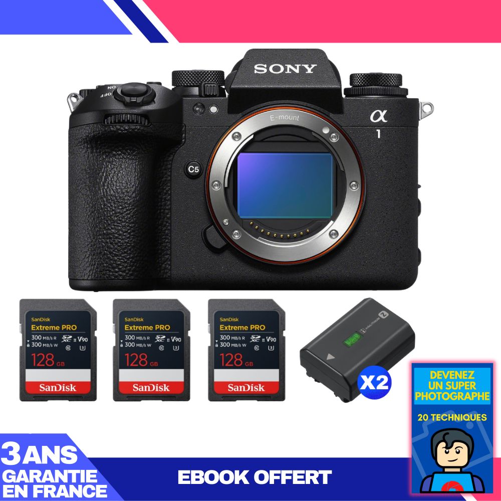 Sony Alpha 1 II Camera Body + 3 SanDisk 128GB Extreme PRO UHS-II SDXC Cards + 2 Sony NP-FZ100 Batteries + 'Become a Super Photographer' Ebook