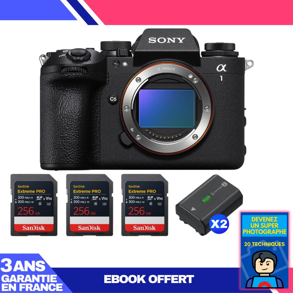 Sony Alpha 1 II Camera Body + 3 SanDisk 256GB Extreme PRO UHS-II SDXC Cards + 2 Sony NP-FZ100 Batteries + Ebook 'Become a Super Photographer'