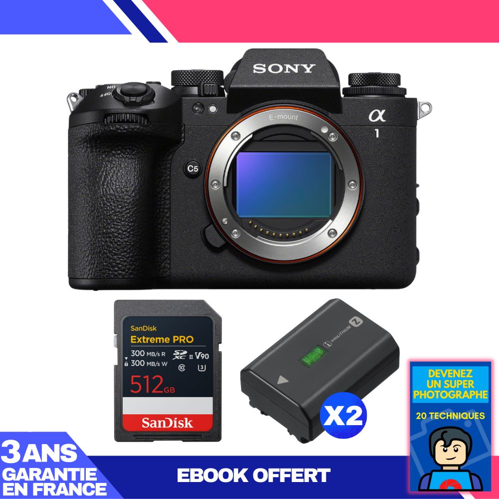Sony Alpha 1 II Camera Body + 1 SanDisk 512GB Extreme PRO UHS-II SDXC Card + 2 Sony NP-FZ100 Batteries + Ebook 'Become a Super Photographer'