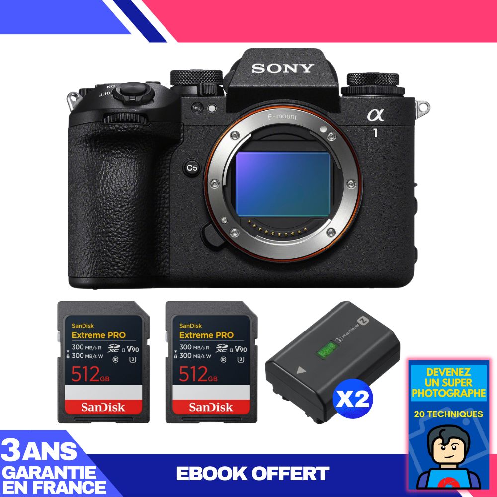 Sony Alpha 1 II Camera Body + 2 SanDisk 512GB Extreme PRO UHS-II SDXC Cards + 2 Sony NP-FZ100 Batteries + Ebook 'Become a Super Photographer'