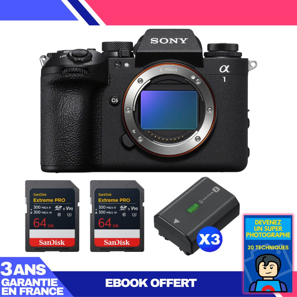 Sony Alpha 1 II Camera Body + 2 SanDisk 64GB Extreme PRO UHS-II SDXC Cards + 3 Sony NP-FZ100 Batteries + Ebook 'Become a Super Photographer'