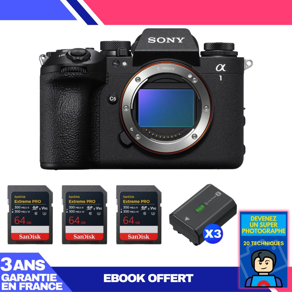 Sony Alpha 1 II Camera Body + 3 SanDisk 64GB Extreme PRO UHS-II SDXC Cards + 3 Sony NP-FZ100 Batteries + Ebook 'Become a Super Photographer'