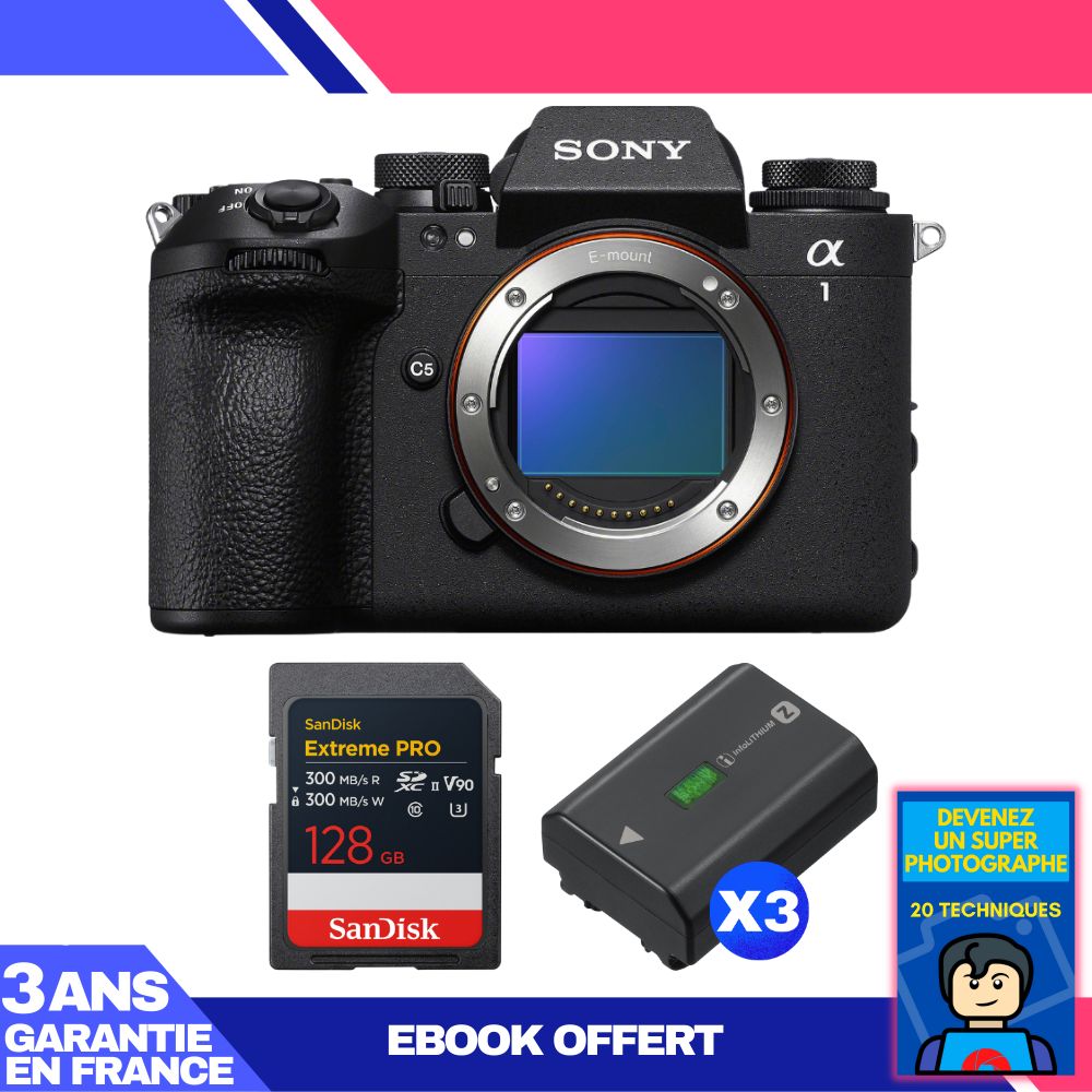Sony Alpha 1 II Camera Body + 1 SanDisk 128GB Extreme PRO UHS-II SDXC + 3 Sony NP-FZ100 Batteries + 'Become a Super Photographer' Ebook