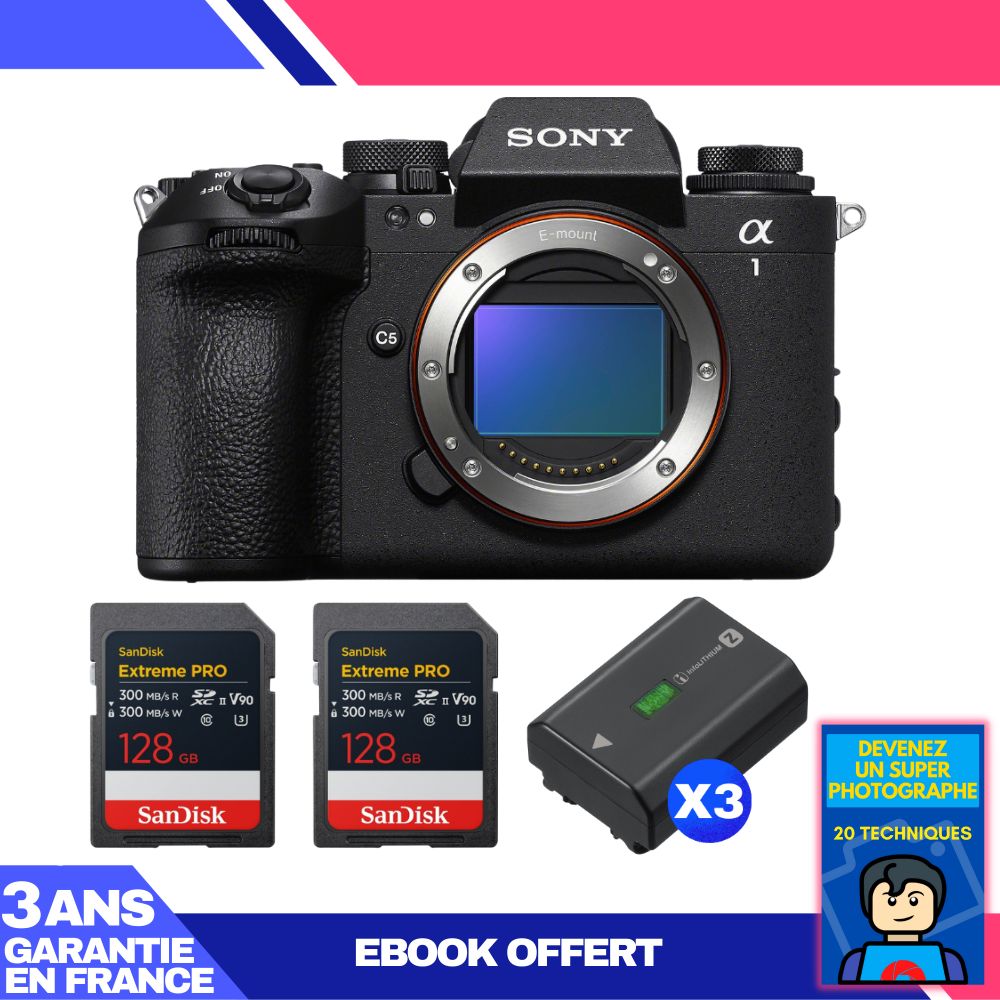 Sony Alpha 1 II Camera Body + 2 SanDisk 128GB Extreme PRO UHS-II SDXC Cards + 3 Sony NP-FZ100 Batteries + Ebook 'Become a Super Photographer