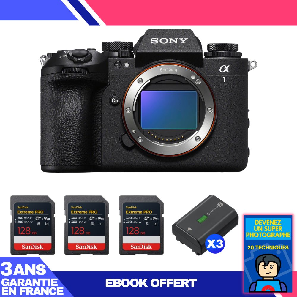 Sony Alpha 1 II Camera Body + 3 SanDisk 128GB Extreme PRO UHS-II SDXC Cards + 3 Sony NP-FZ100 Batteries + 'Become a Super Photographer' Ebook