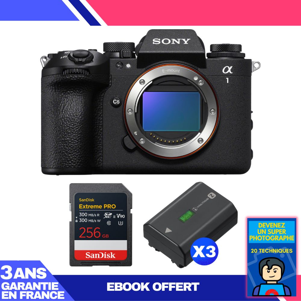 Sony Alpha 1 II Camera Body + 1 SanDisk 256GB Extreme PRO UHS-II SDXC Card + 3 Sony NP-FZ100 Batteries + Ebook 'Become a Super Photographer'