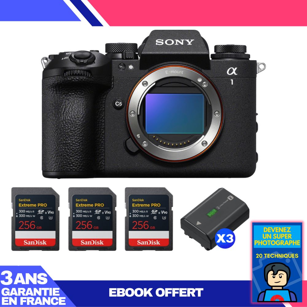 Sony Alpha 1 II Camera Body + 3 SanDisk 256GB Extreme PRO UHS-II SDXC Cards + 3 Sony NP-FZ100 Batteries + Ebook 'Become a Super Photographer'