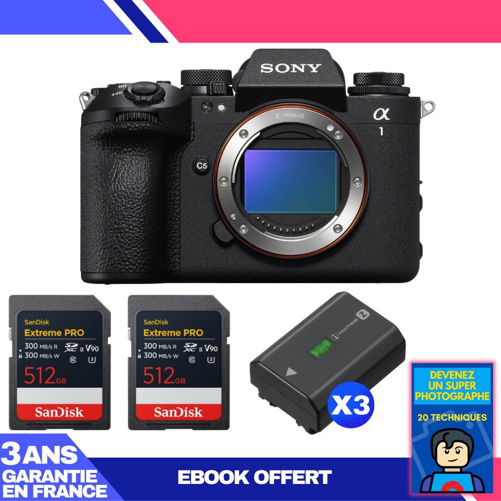 Sony Alpha 1 II Body + 2 SanDisk 512GB Extreme PRO UHS-II SDXC Cards + 3 Sony NP-FZ100 Batteries + Ebook 'Become a Super Photographer'