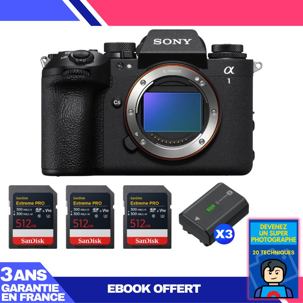 Sony Alpha 1 II Camera Body + 3 SanDisk 512GB Extreme PRO UHS-II SDXC Cards + 3 Sony NP-FZ100 Batteries + Ebook 'Become a Super Photographer'
