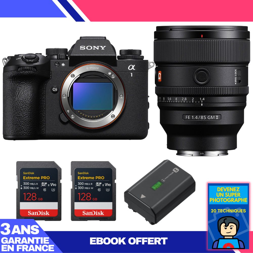 Sony Alpha 1 II Camera Body + FE 85mm f/1.4 GM II Lens + 2x SanDisk 128GB Extreme PRO UHS-II SDXC Cards + Sony NP-FZ100 Battery + Ebook 'Devenez Un Super Photographe