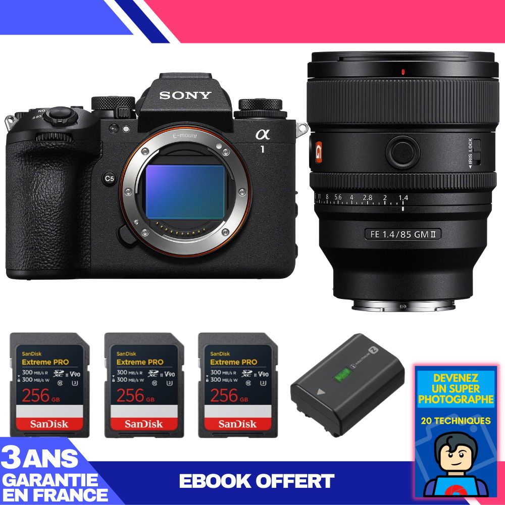 Sony Alpha 1 II Camera Body + FE 85mm f/1.4 GM II Lens + 3 SanDisk 256GB Extreme PRO UHS-II SDXC Cards + Sony NP-FZ100 Battery + 'Become a Super Photographer' Ebook