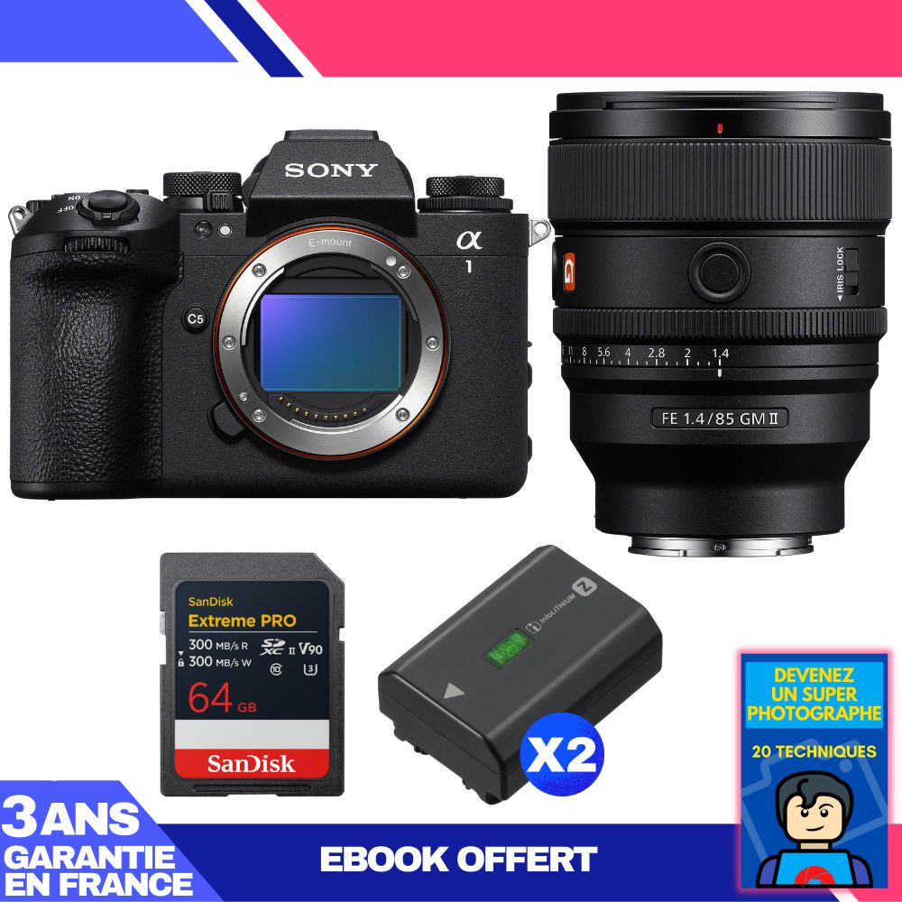 Sony Alpha 1 II Body + FE 85mm f/1.4 GM II Lens + 1 SanDisk 64GB Extreme PRO UHS-II SDXC + 2 Sony NP-FZ100 Batteries + 'Devenez Un Super Photographe Ebook