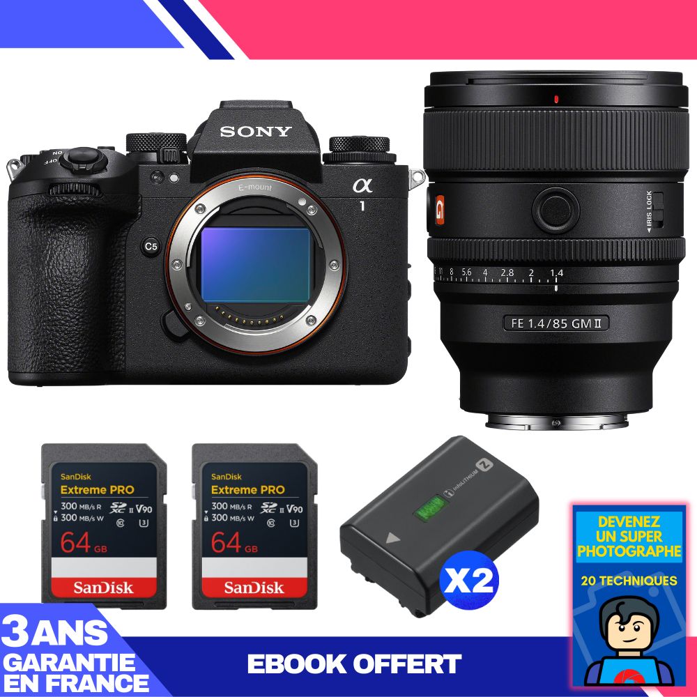 Sony Alpha 1 II Body + FE 85mm f/1.4 GM II Lens + 2x SanDisk 64GB Extreme PRO UHS-II SDXC Cards + 2x Sony NP-FZ100 Batteries + Ebook 'Become a Super Photographer'