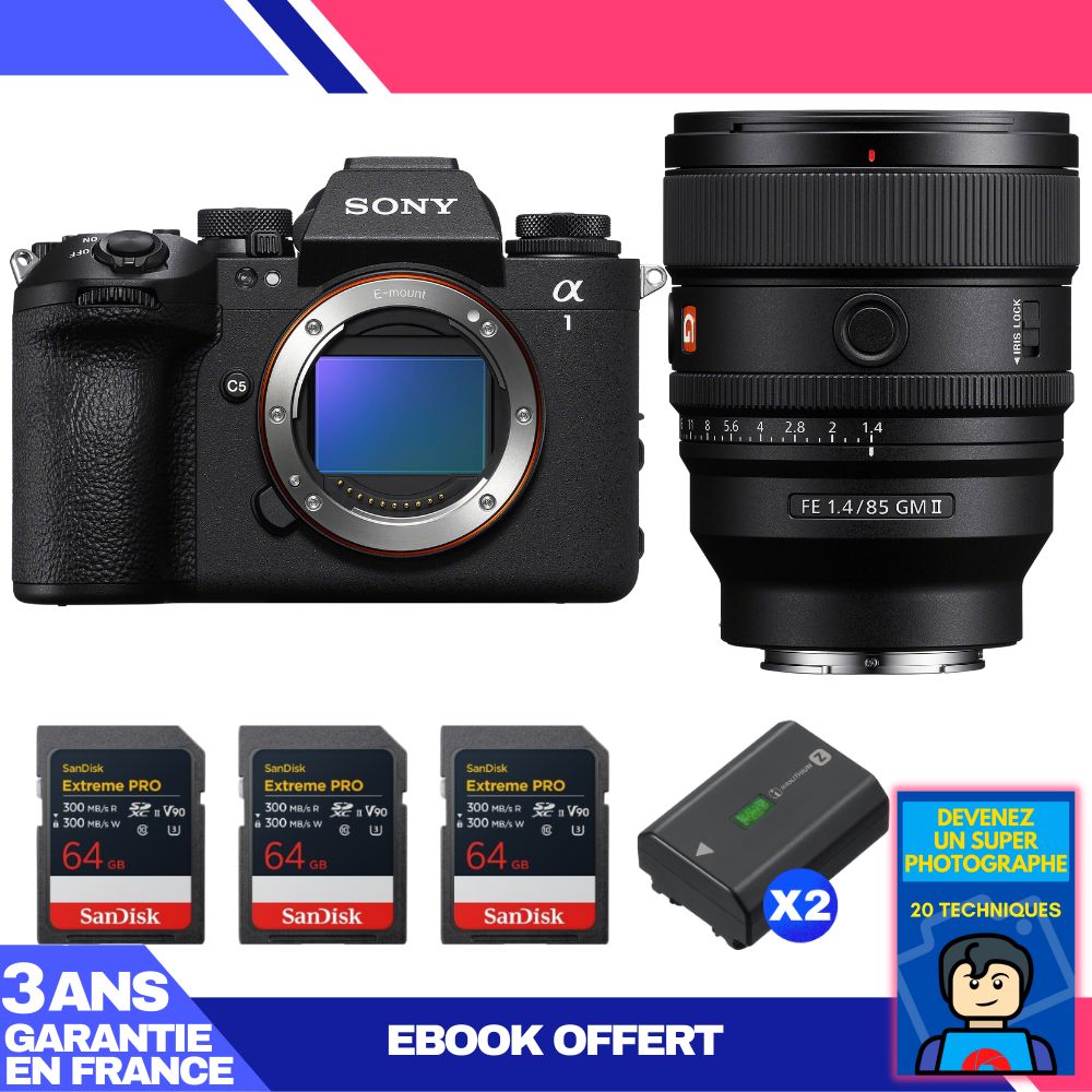 Sony Alpha 1 II Body + FE 85mm f/1.4 GM II Lens + 3 SanDisk 64GB Extreme PRO UHS-II SDXC Cards + 2 Sony NP-FZ100 Batteries + 'Become a Super Photographer' Ebook
