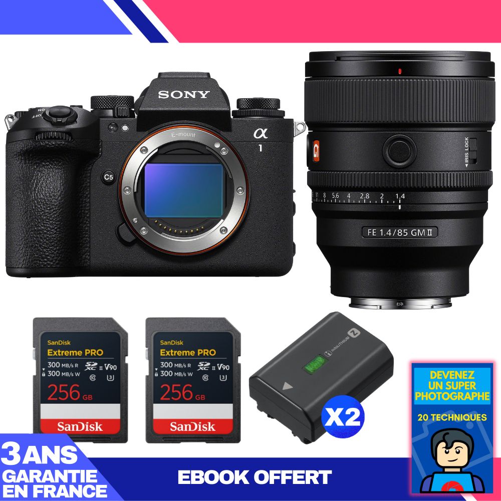 Sony Alpha 1 II Camera Body + FE 85mm f/1.4 GM II Lens + 2 SanDisk 256GB Extreme PRO UHS-II SDXC Cards + 2 Sony NP-FZ100 Batteries + Ebook 'Devenez Un Super Photographe