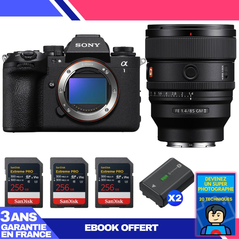 Sony Alpha 1 II Body + FE 85mm f/1.4 GM II Lens + 3 SanDisk 256GB Extreme PRO UHS-II SDXC Cards + 2 Sony NP-FZ100 Batteries + Ebook 'Devenez Un Super Photographe