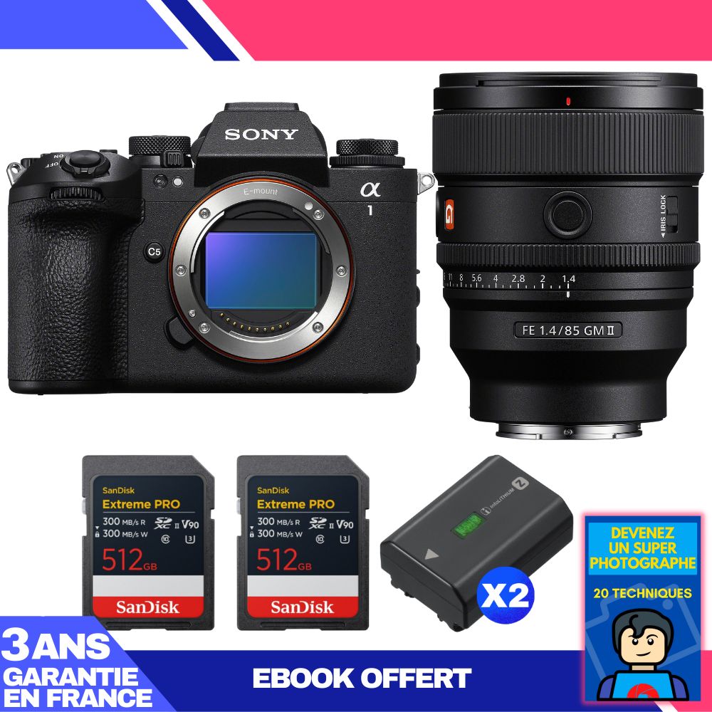 Sony Alpha 1 II Camera Body + FE 85mm f/1.4 GM II Lens + 2 SanDisk 512GB Extreme PRO UHS-II SDXC Cards + 2 Sony NP-FZ100 Batteries + Ebook
