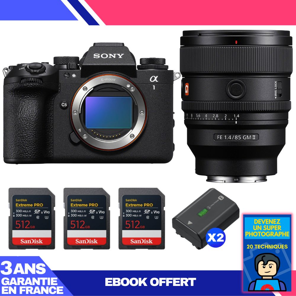 Sony Alpha 1 II Body + FE 85mm f/1.4 GM II Lens + 3 SanDisk 512GB Extreme PRO UHS-II SDXC Cards + 2 Sony NP-FZ100 Batteries + Ebook 'Devenez Un Super Photographe