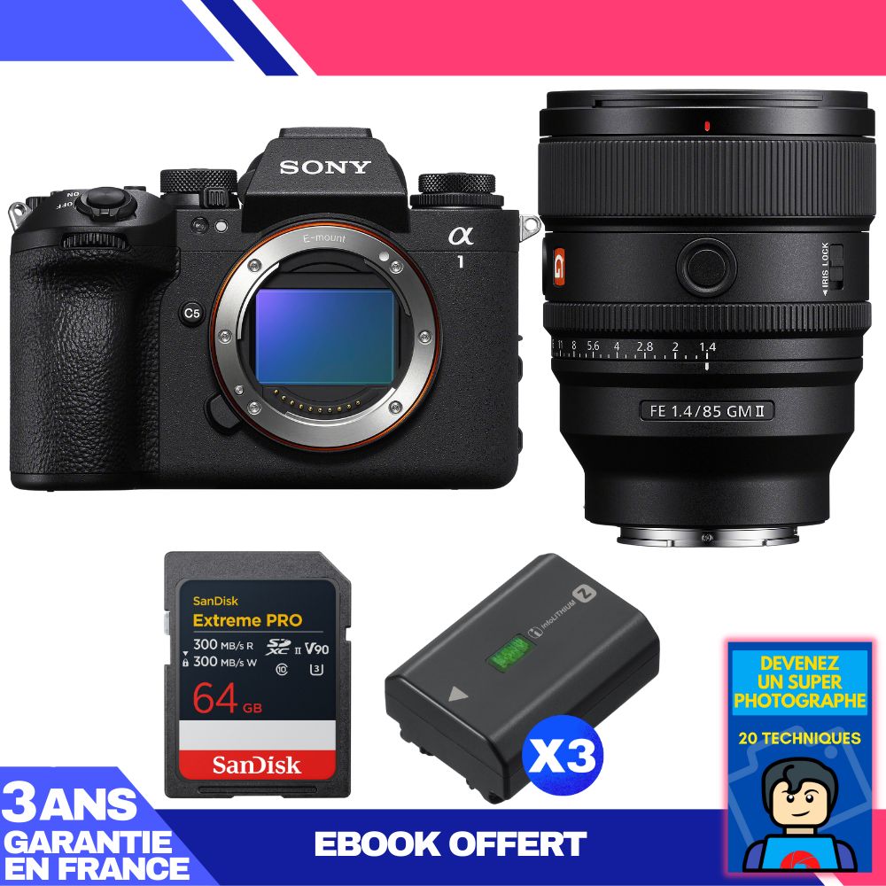 Sony Alpha 1 II Camera Body + FE 85mm f/1.4 GM II Lens + 1 SanDisk 64GB Extreme PRO UHS-II SDXC Card + 3 Sony NP-FZ100 Batteries + 'Become a Super Photographer' Ebook