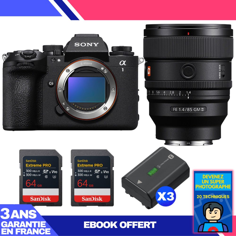 Sony Alpha 1 II Body + FE 85mm f/1.4 GM II + 2 SanDisk 64GB Extreme PRO UHS-II SDXC + 3 Sony NP-FZ100 + Ebook 'Devenez Un Super Photographe