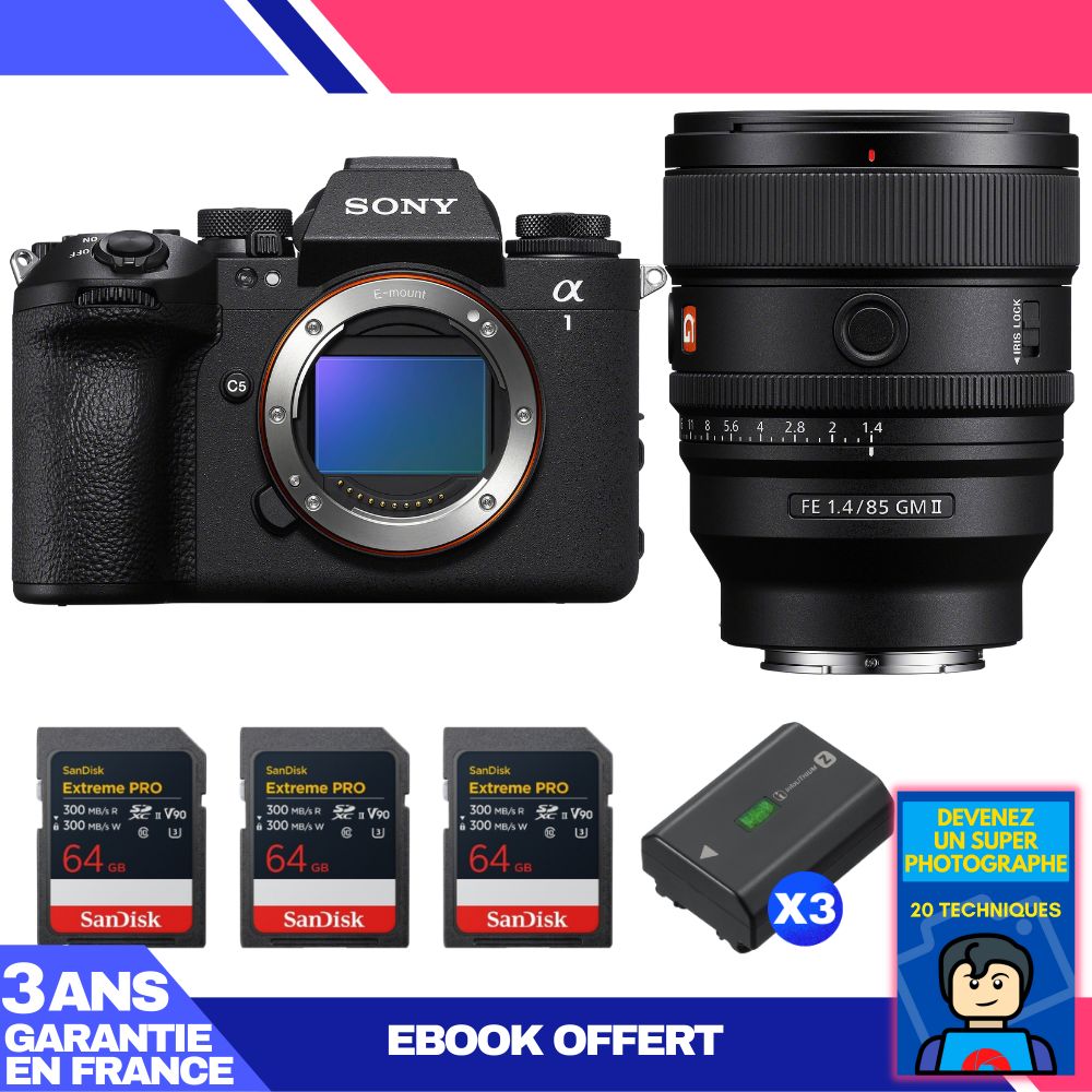 Sony Alpha 1 II Camera Body + FE 85mm f/1.4 GM II Lens + 3 SanDisk 64GB Extreme PRO UHS-II SDXC Cards + 3 Sony NP-FZ100 Batteries + Ebook 'Devenez Un Super Photographe