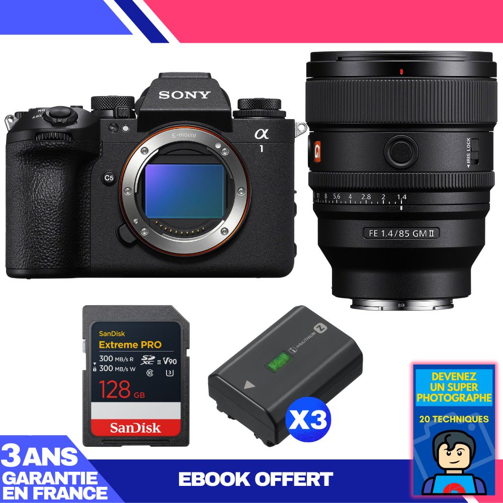 Sony Alpha 1 II Camera Body + FE 85mm f/1.4 GM II Lens + 1 SanDisk 128GB Extreme PRO UHS-II SDXC Card + 3 Sony NP-FZ100 Batteries + Ebook 'Become a Super Photographer'