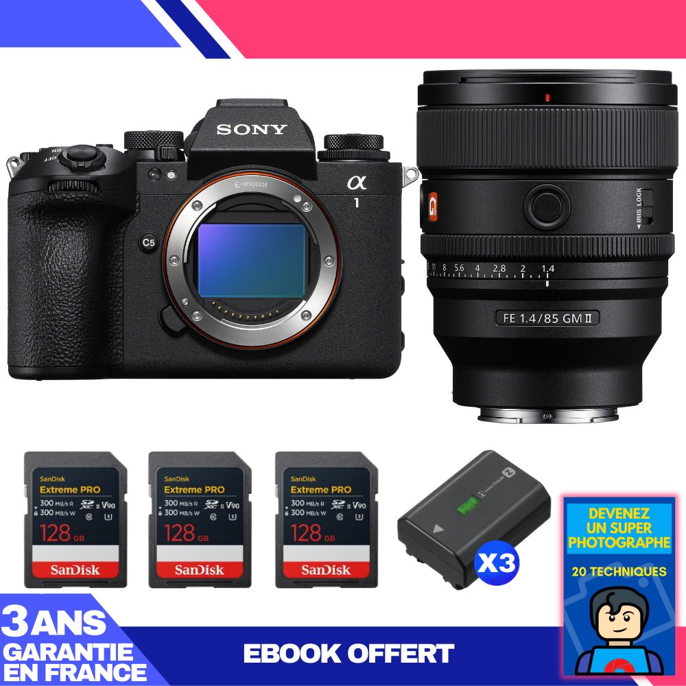 Sony Alpha 1 II Camera Body + FE 85mm f/1.4 GM II Lens + 3 SanDisk 128GB Extreme PRO UHS-II SDXC Cards + 3 Sony NP-FZ100 Batteries + Ebook 'Become a Super Photographer'