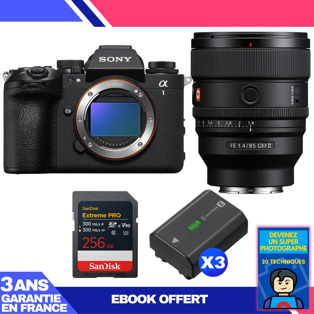 Sony Alpha 1 II Body + FE 85mm f/1.4 GM II Lens + 1 SanDisk 256GB Extreme PRO UHS-II SDXC Card + 3 Sony NP-FZ100 Batteries + Ebook 'Devenez Un Super Photographe
