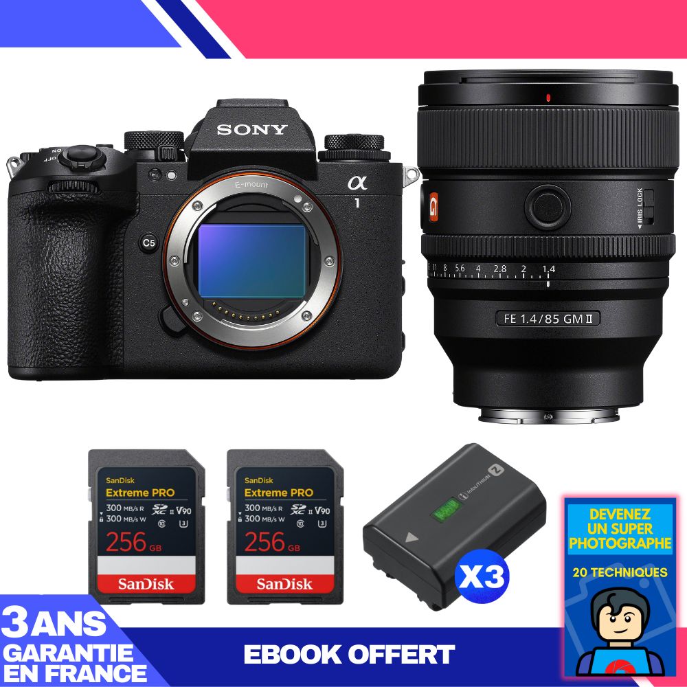 Sony Alpha 1 II Camera Body + FE 85mm f/1.4 GM II Lens + 2 SanDisk 256GB Extreme PRO UHS-II SDXC Cards + 3 Sony NP-FZ100 Batteries + Ebook 'Become a Super Photographer'