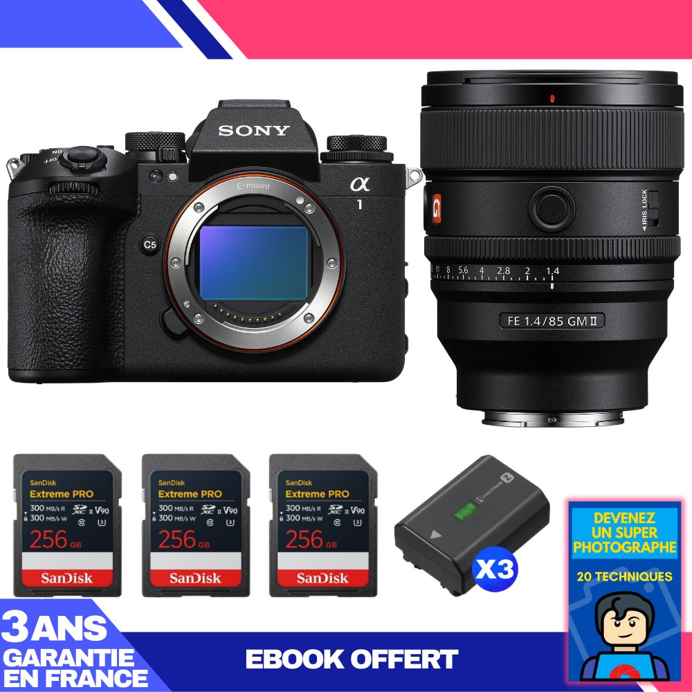 Sony Alpha 1 II Camera Body + FE 85mm f/1.4 GM II Lens + 3 SanDisk 256GB Extreme PRO UHS-II SDXC Cards + 3 Sony NP-FZ100 Batteries + Ebook 'Become a Super Photographer'