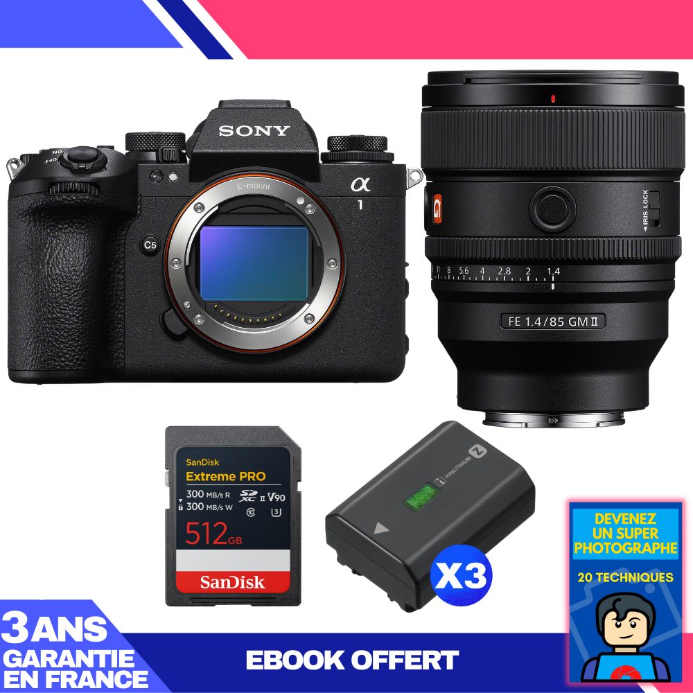 Sony Alpha 1 II Camera Body + FE 85mm f/1.4 GM II Lens + 1 SanDisk 512GB Extreme PRO UHS-II SDXC + 3 Sony NP-FZ100 Batteries + Ebook 'Devenez Un Super Photographe