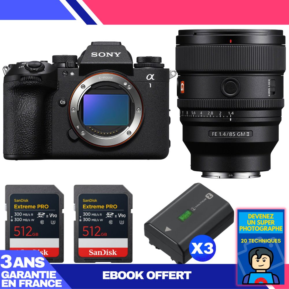 Sony Alpha 1 II Camera Body + FE 85mm f/1.4 GM II Lens + 2 SanDisk 512GB Extreme PRO UHS-II SDXC Cards + 3 Sony NP-FZ100 Batteries + Ebook