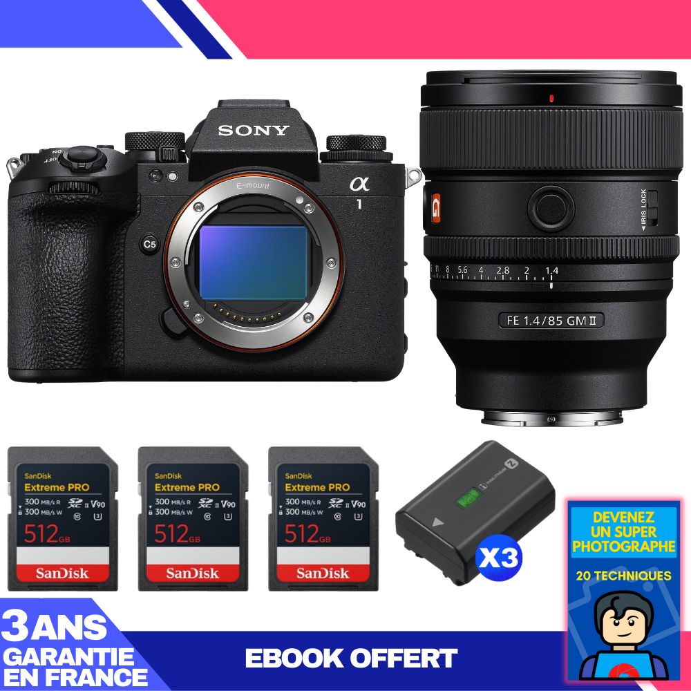 Sony Alpha 1 II Camera Body + FE 85mm f/1.4 GM II Lens + 3 SanDisk 512GB Extreme PRO UHS-II SDXC Cards + 3 Sony NP-FZ100 Batteries + Ebook 'Devenez Un Super Photographe