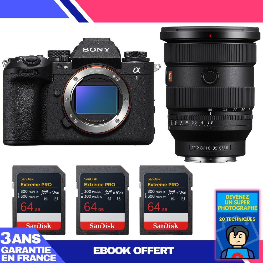 Sony Alpha 1 II Camera Body + FE 16-35mm f/2.8 GM II Lens + 3 SanDisk 64GB Extreme PRO UHS-II SDXC Cards + 'Become a Super Photographer' Ebook