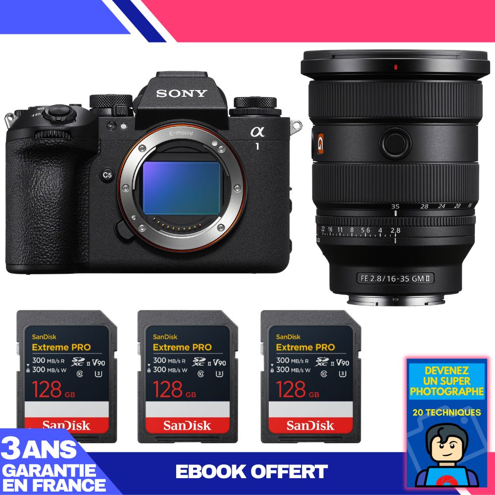 Sony Alpha 1 II Camera Body + FE 16-35mm f/2.8 GM II Lens + 3 SanDisk 128GB Extreme PRO UHS-II SDXC Cards + 'Become a Super Photographer' Ebook
