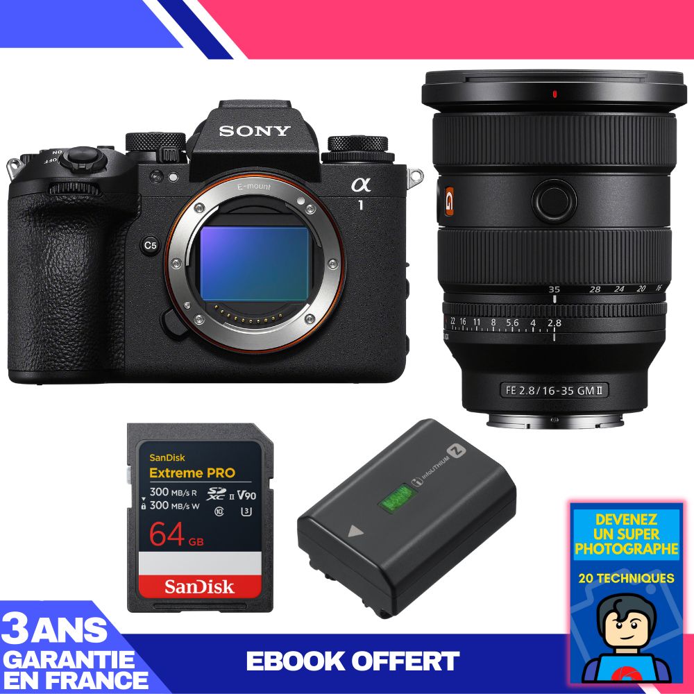 Sony Alpha 1 II Camera Body + FE 16-35mm f/2.8 GM II Lens + 1 SanDisk 64GB Extreme PRO UHS-II SDXC Card + Sony NP-FZ100 Battery + Ebook