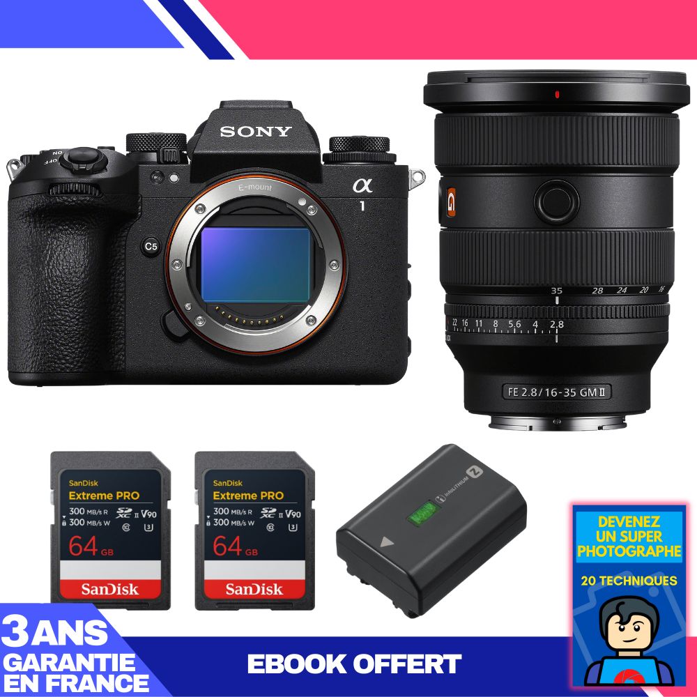 Sony Alpha 1 II Camera Body + FE 16-35mm f/2.8 GM II Lens + 2 SanDisk 64GB Extreme PRO UHS-II SDXC Cards + Sony NP-FZ100 Battery + Ebook